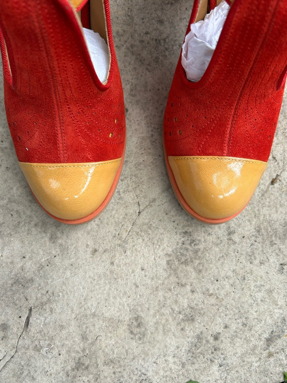 John Fluevog Attic Tova Contrast T-Strap Heel, size 7.5