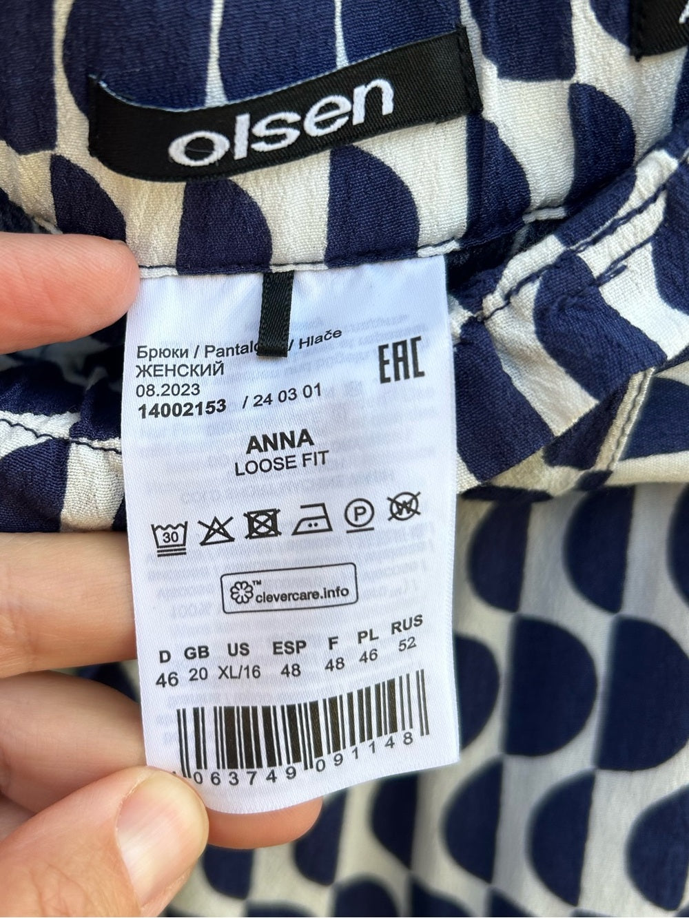 Olsen Blue & White Geometric Anna Pant, Size 16