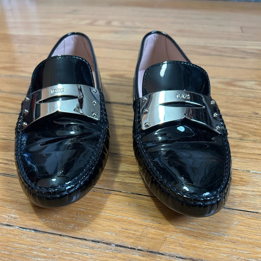 TOD’S Gommino black patent leather loafers, BNWOB, size 37.5