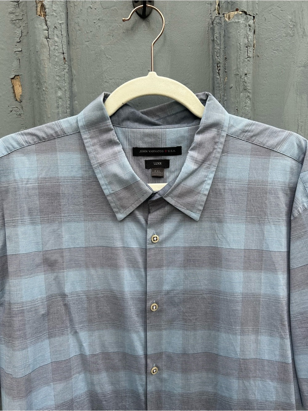 John Varvatos Luxe Blue Plaid SS button down, size XXL