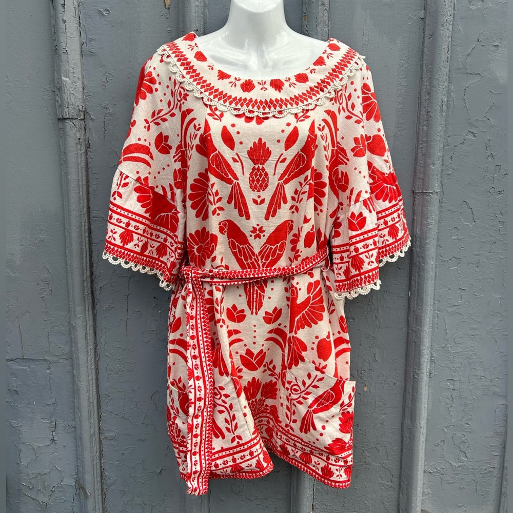 Farm Rio Jungle Flow Belted Mini Dress Red/ Cream Linen, Small