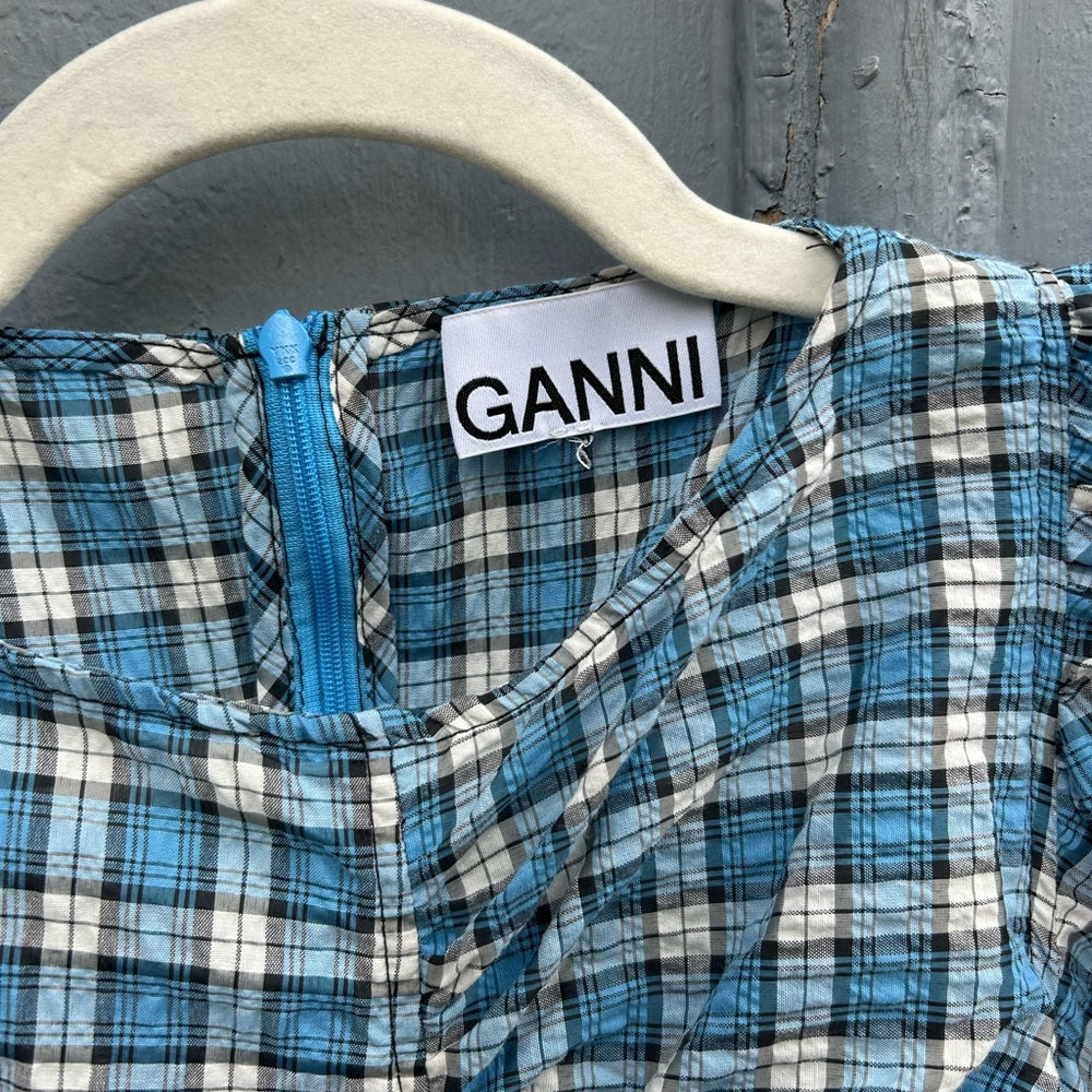 GANNI Gathered checked seersucker mini dress, size 34 (XS)