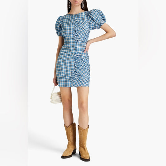 GANNI Gathered checked seersucker mini dress, size 34 (XS)