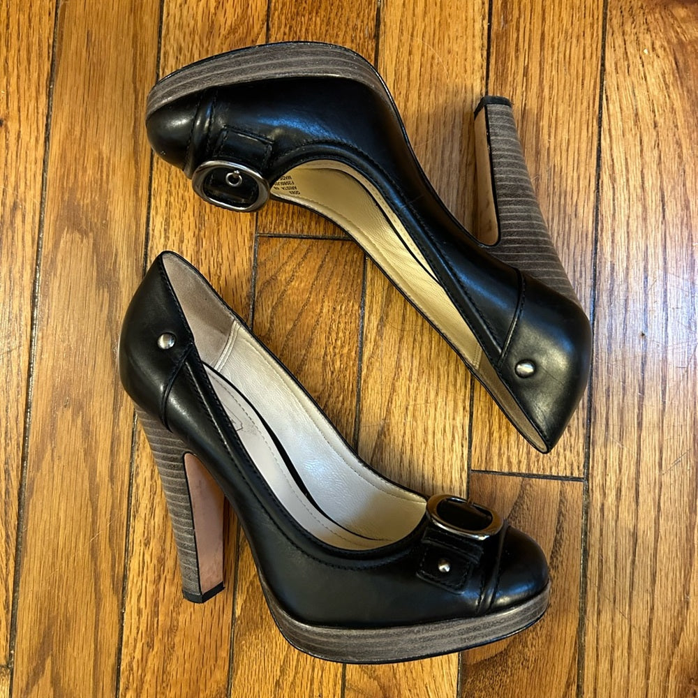 Coach Black Arista Buckle Stacked Heels, size 6