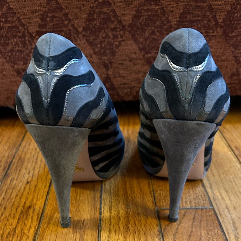 Prada Suede Camoscio Ardesia Zebra Pumps, size 38.5