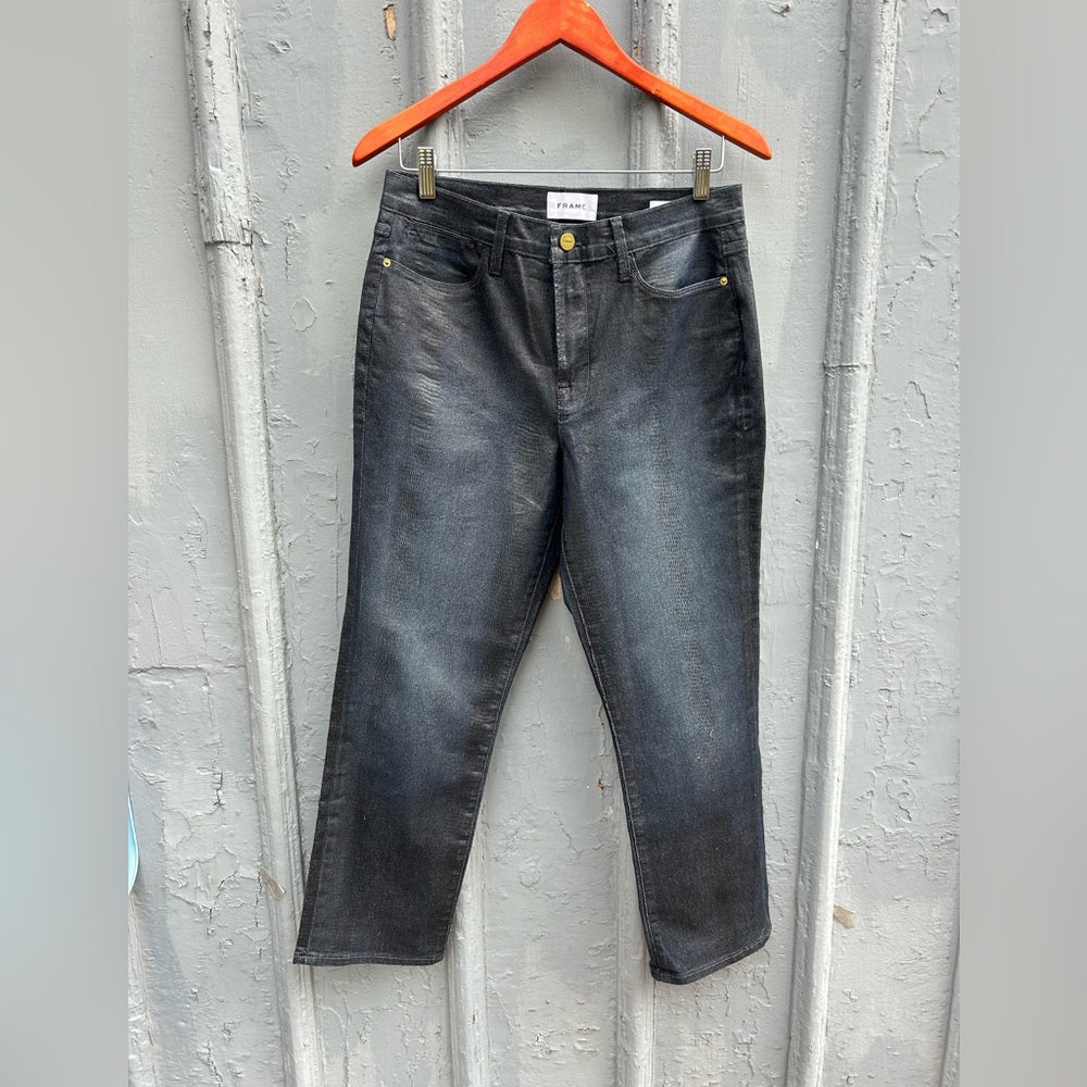 Frame Le Straight High Coated Snakeskin Jeans, size 30