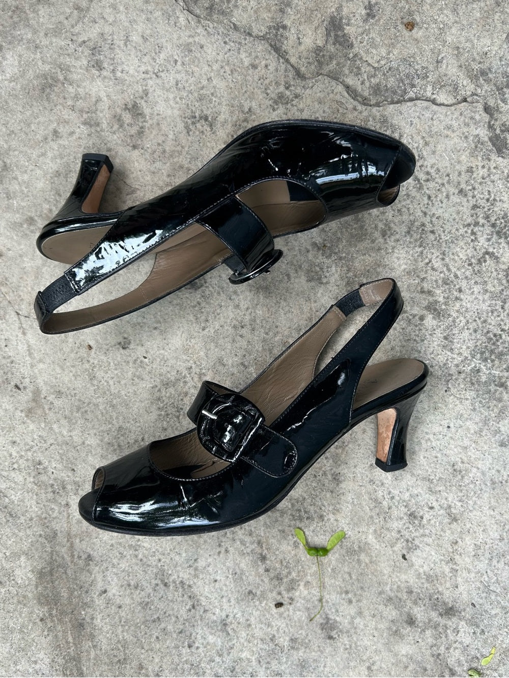 Anyi Lu Black Patent Leather Tulip Slingback Heels, size 39