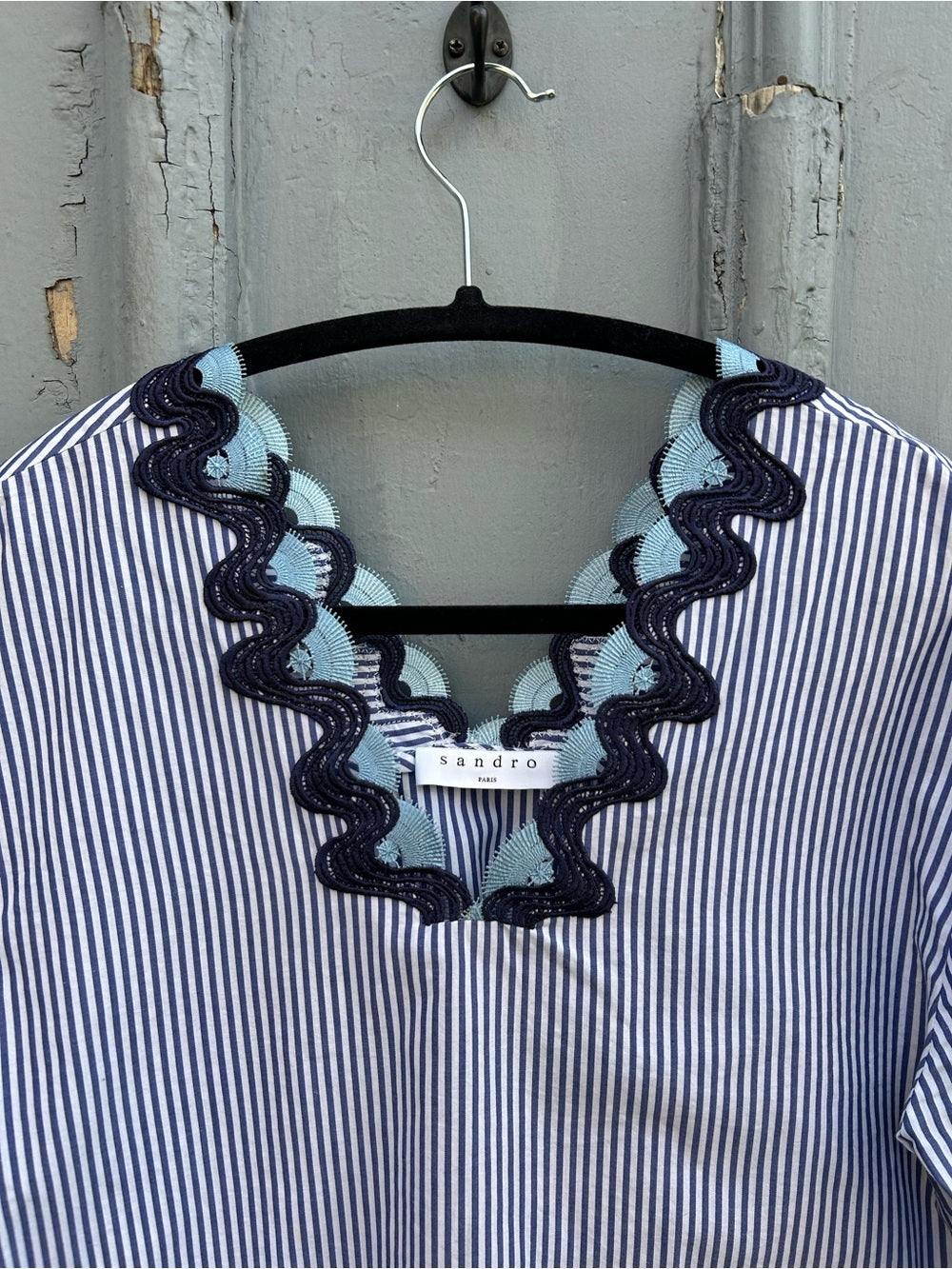 Sandro cotton striped bell sleeve blouse, size “2” (M)