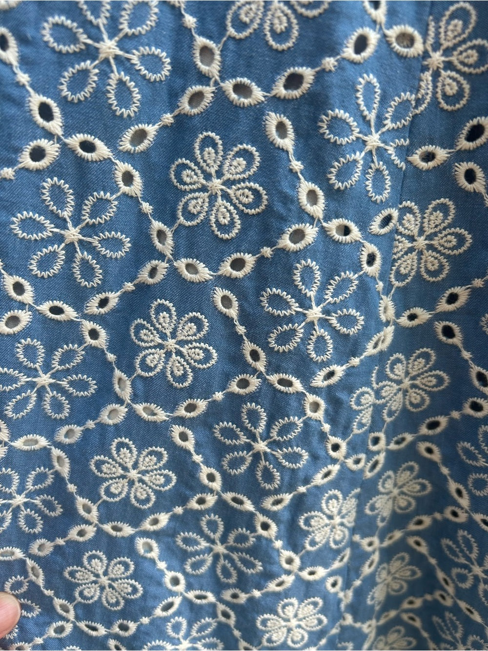 Sezane Dorotha Dress, Chambray Blue with Broderie Anglaise, size 46 (US 14)