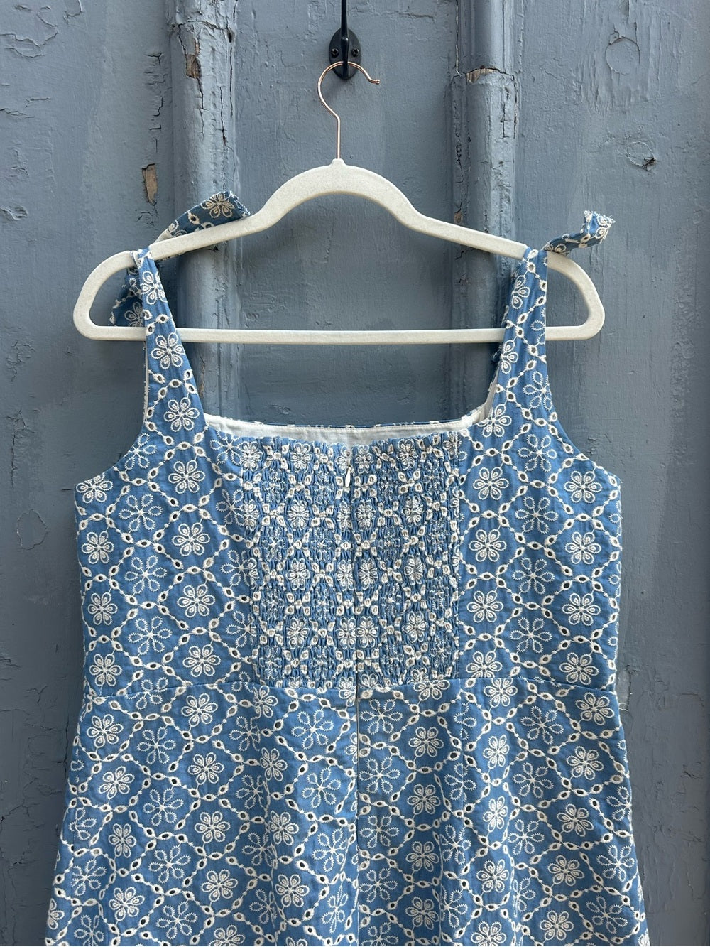 Sezane Dorotha Dress, Chambray Blue with Broderie Anglaise, size 46 (US 14)