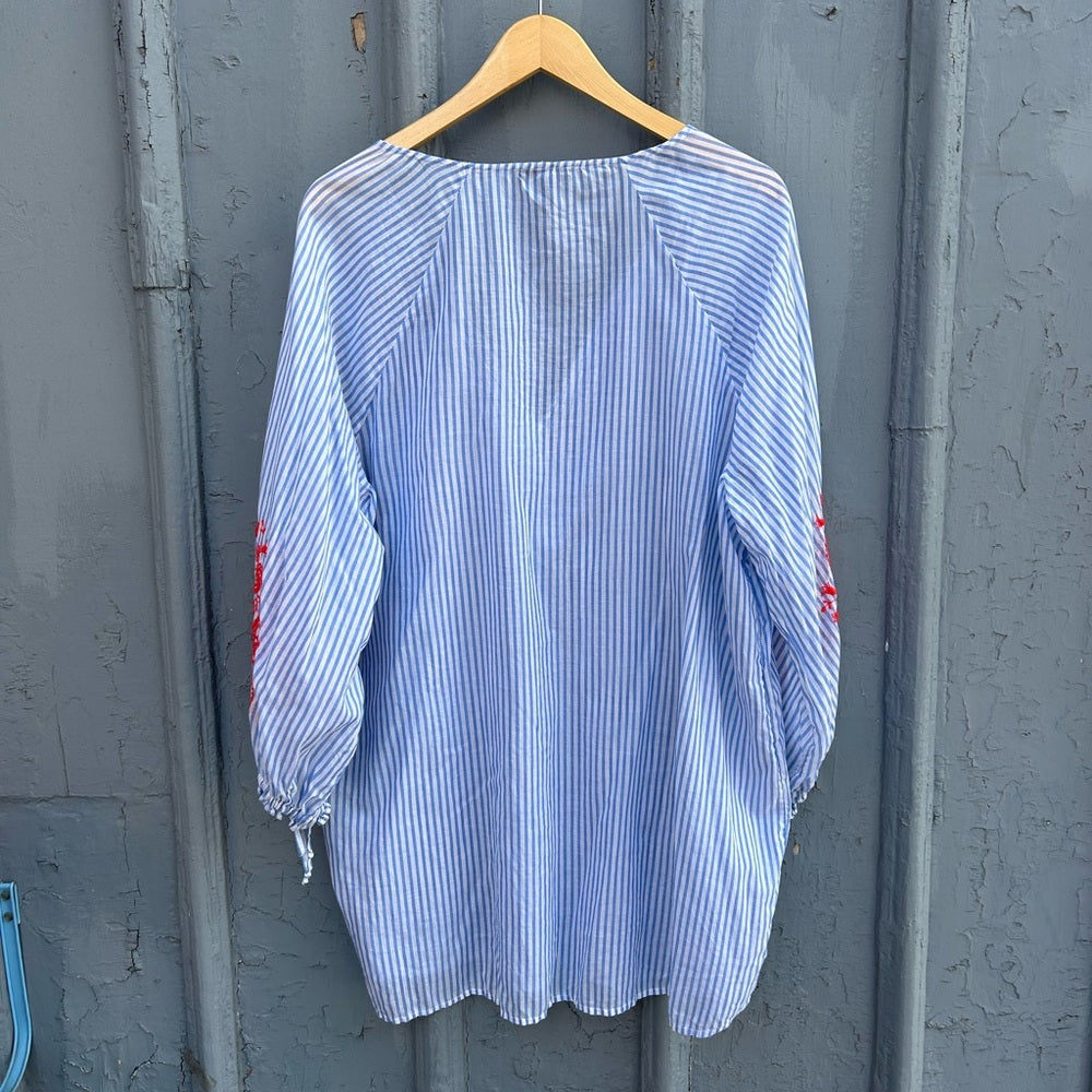 J Crew Blue Striped Red Embroidered sleeve tunic, size XL