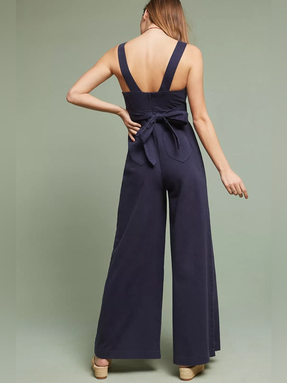 Chino by Anthropologie Navy Boho Wrap Front Wide Leg Jumpsuit, Size 14
