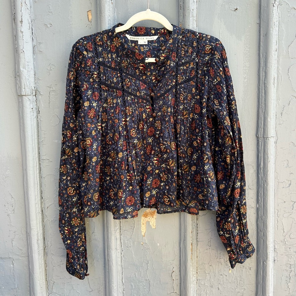 Veronica Beard Navy Floral Smocked Sherwood Blouse, Size 8
