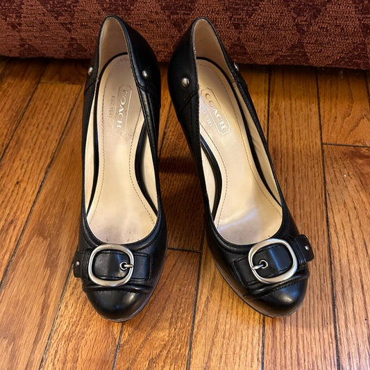 Coach Black Arista Buckle Stacked Heels, size 6