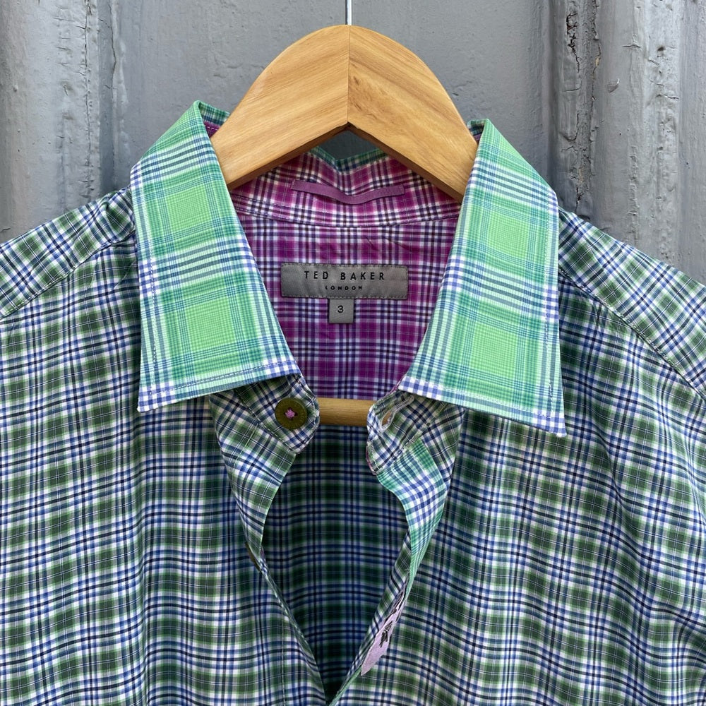 Ted Baker blue/ green plaid “catton” Buttondown, size Ted 3 (M)