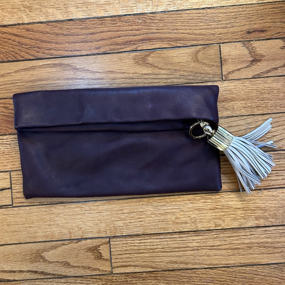 India Hicks Leather Tassled Carmen Clutch, Wine, 9.5" x  12 "