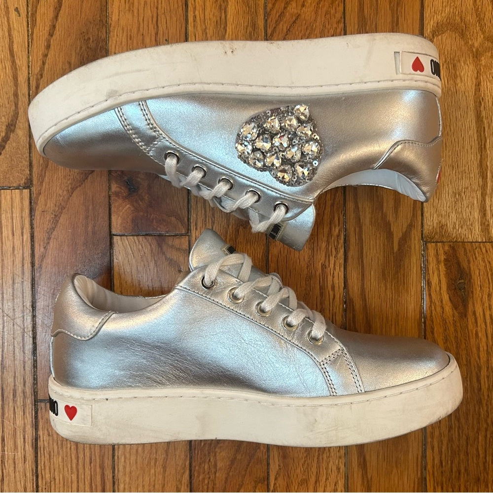 LOVE MOSCHINO Heart Encrusted Silver Leather Sneakers, size 38 (US 7.5)