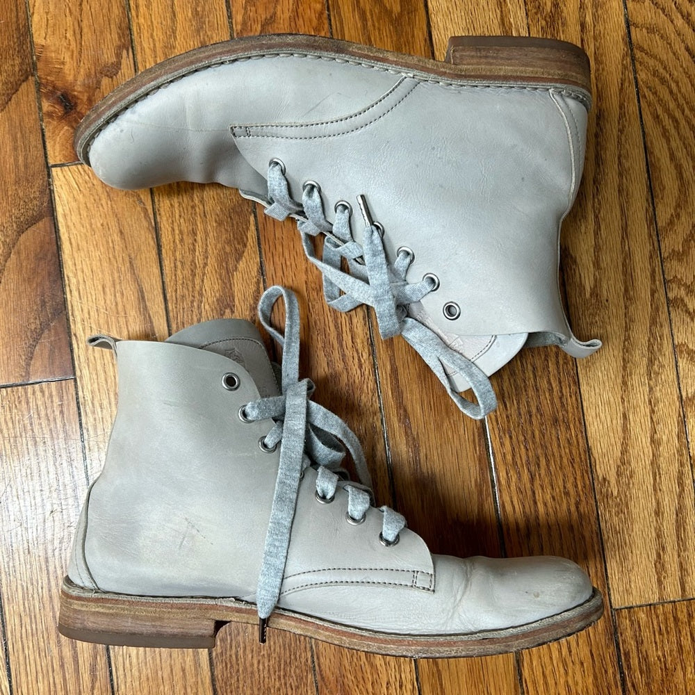 Brunello Cucinelli Grey Leather 7 hole Combat Boots, size 38.5