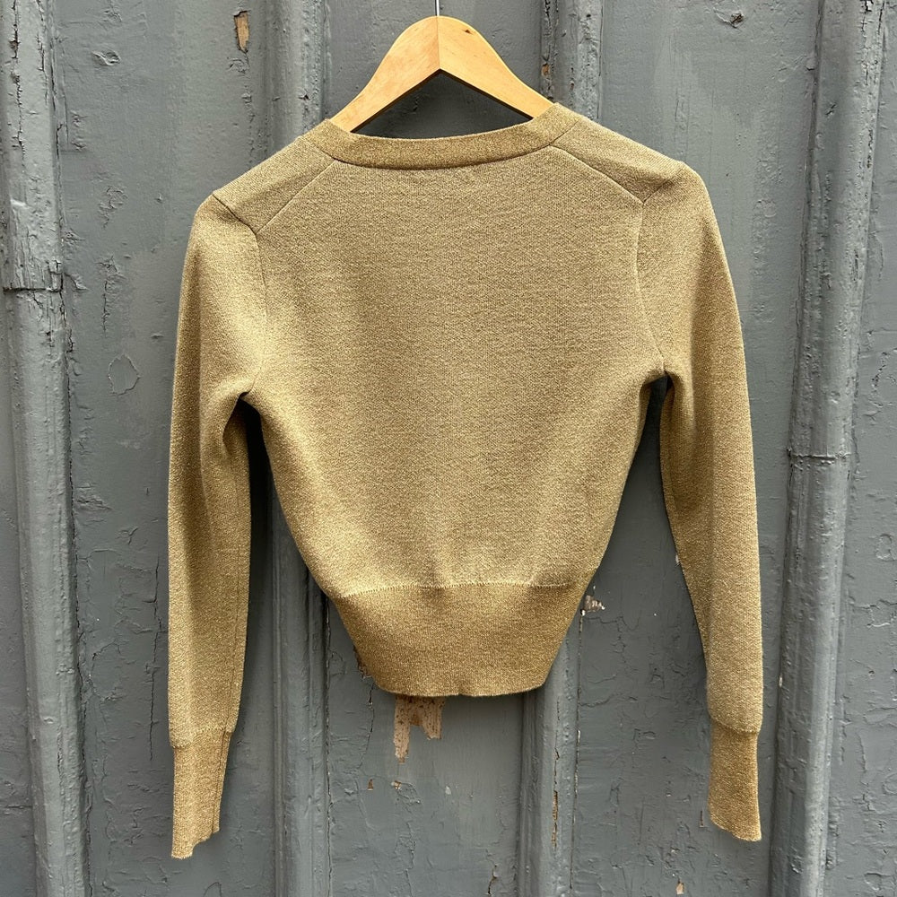 J Crew Merino Wool Metallic Gold cropped cardigan, size XS