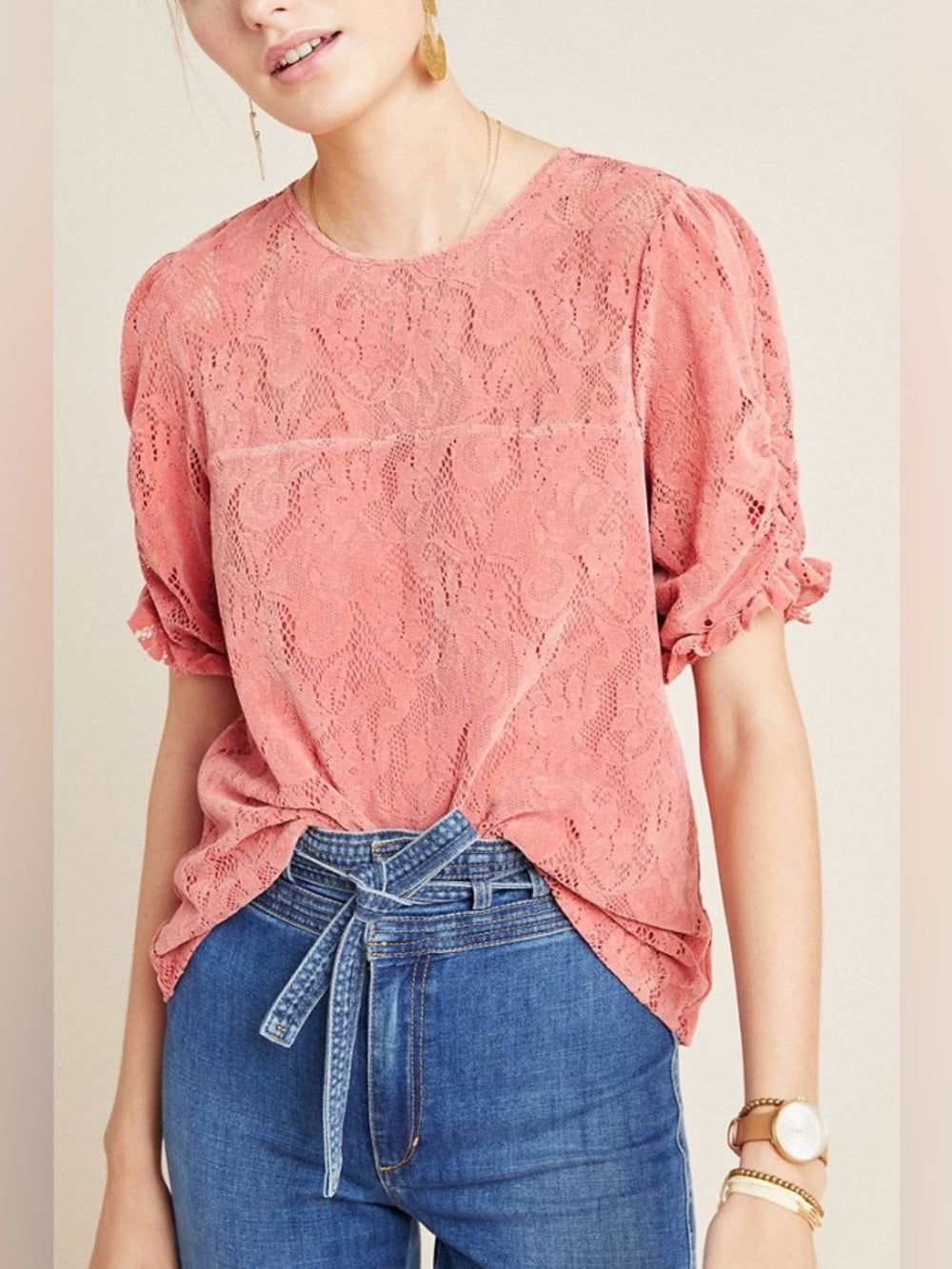 Anthropologie Parvati Velvet Lace Ruched Blouse Short Sleeve Top, Extra Small