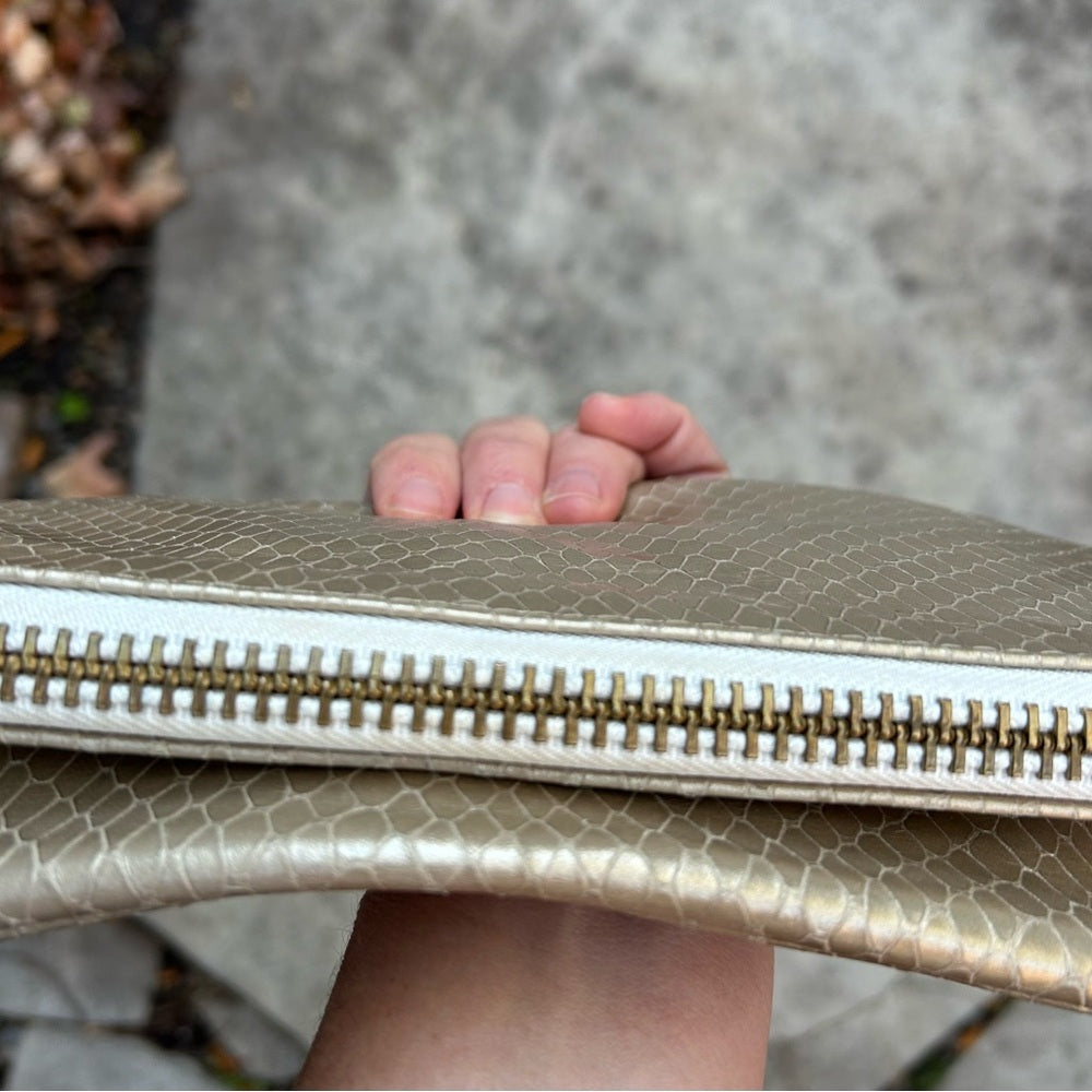 Brunswick & Co Gold Snakeskin Avenue Clutch, 12″ x 9″