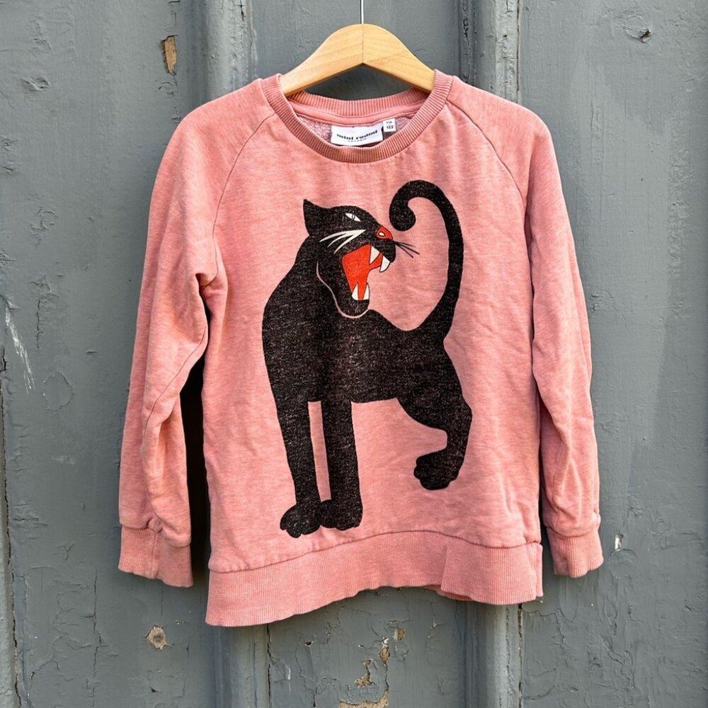 Mini Rodini Pink Jaguar Cat Crewneck Sweatshirt, size 6/7