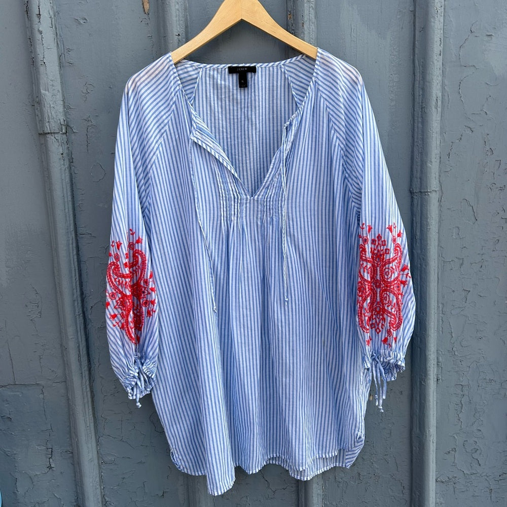 J Crew Blue Striped Red Embroidered sleeve tunic, size XL