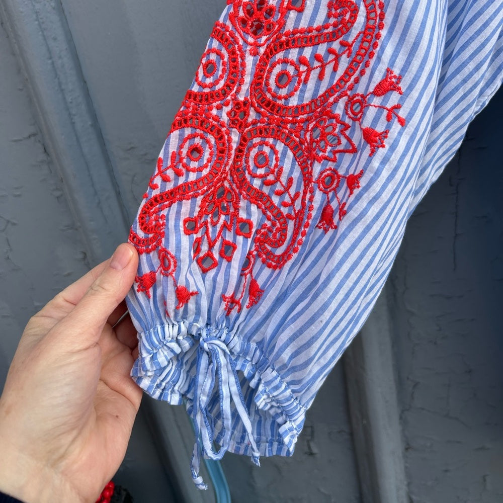 J Crew Blue Striped Red Embroidered sleeve tunic, size XL