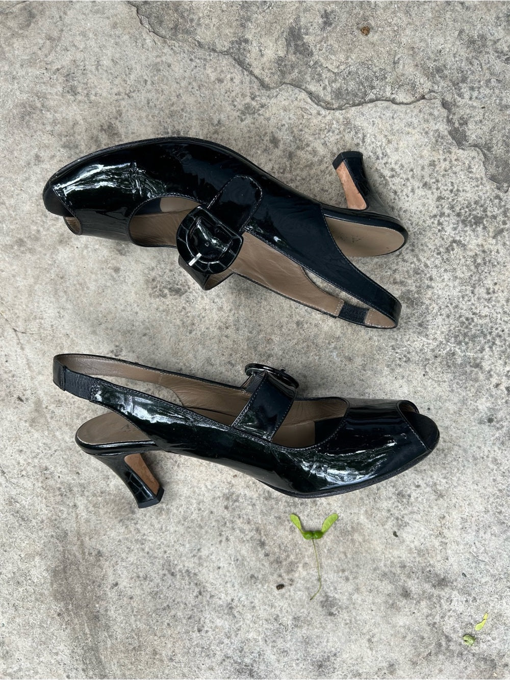Anyi Lu Black Patent Leather Tulip Slingback Heels, size 39