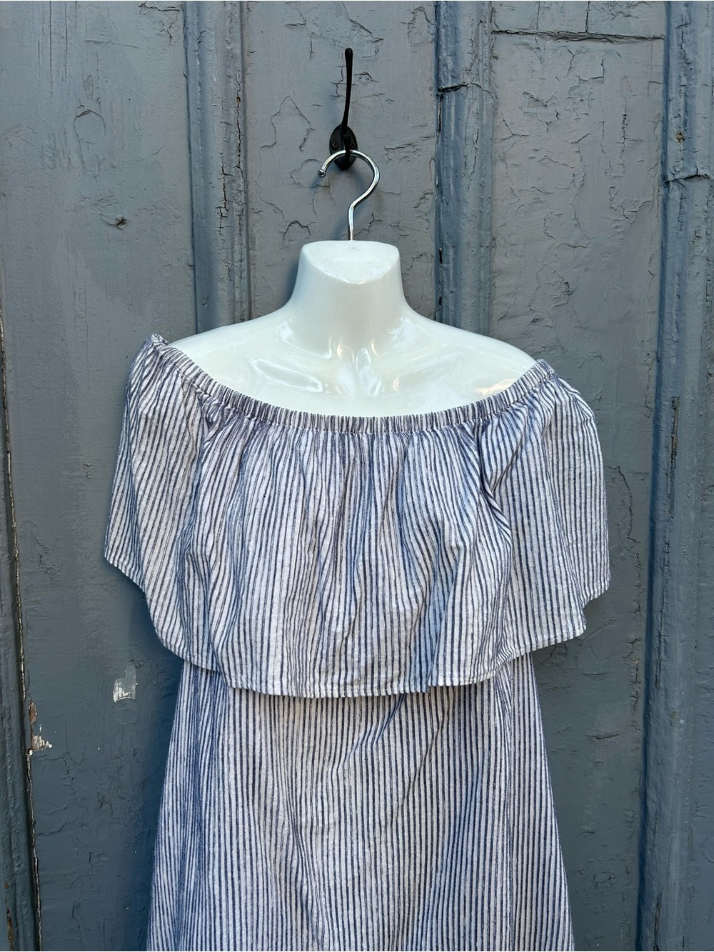 J Crew Blue Striped off the shoulder cotton dress, size L