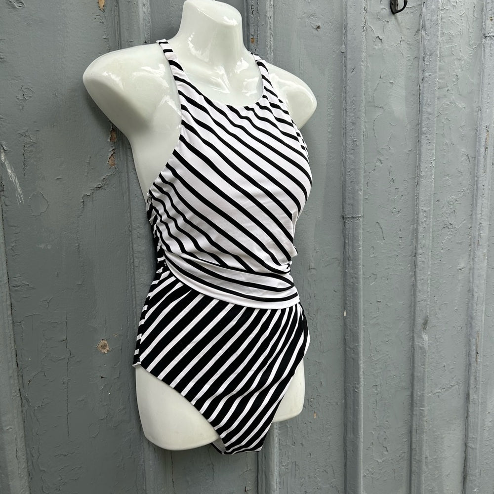 Lauren Ralph Lauren High Neck Stripe Swimsuit, size Approx Small