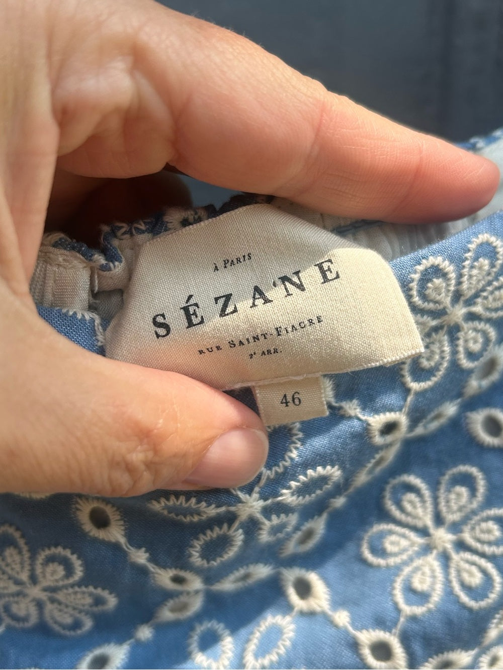 Sezane Dorotha Dress, Chambray Blue with Broderie Anglaise, size 46 (US 14)
