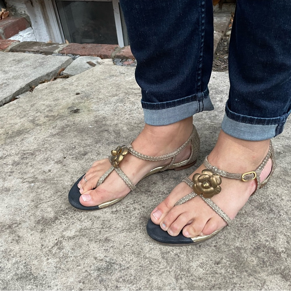 Chanel Gold Quilted Gladiator Sandal Flats, size 39