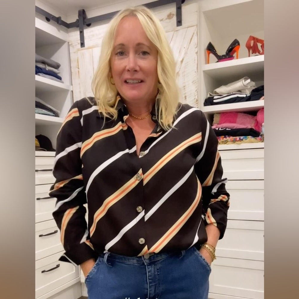 Dotty black striped button up blouse, size M