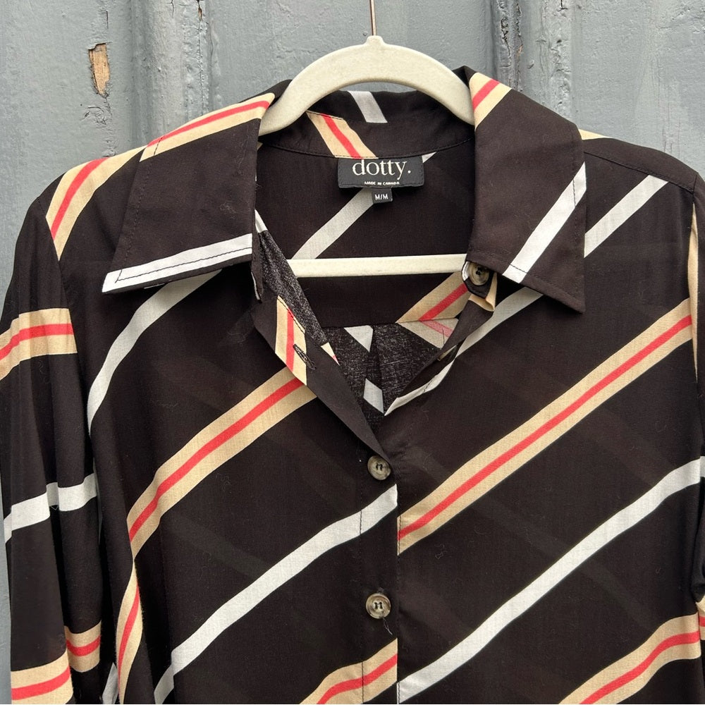 Dotty black striped button up blouse, size M
