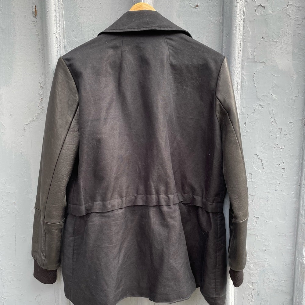 Club Monaco Black leather sleeve utility jacket, size M