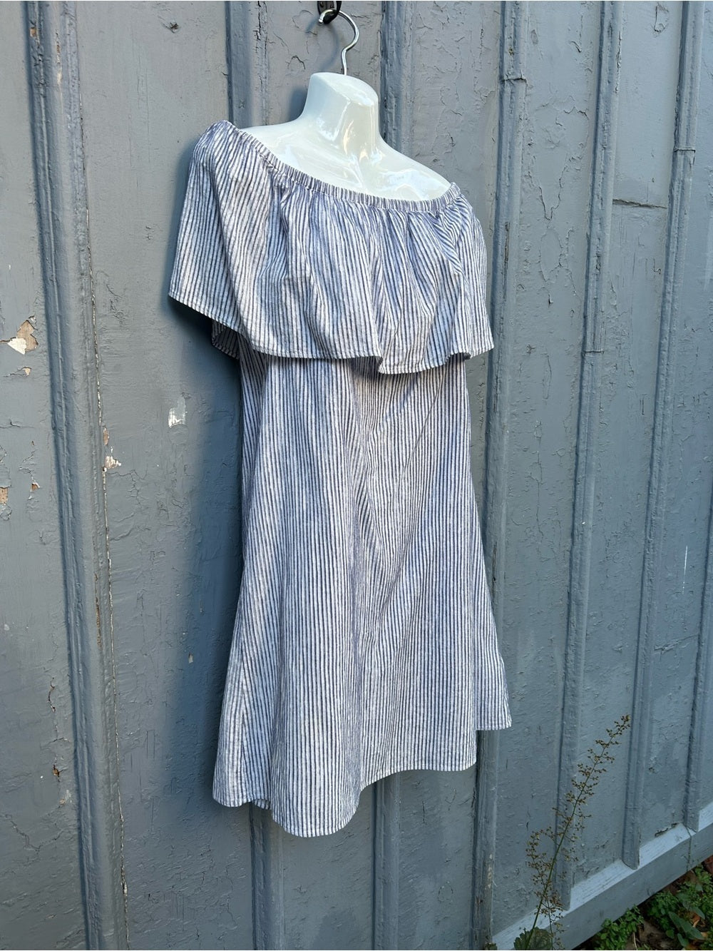 J Crew Blue Striped off the shoulder cotton dress, size L