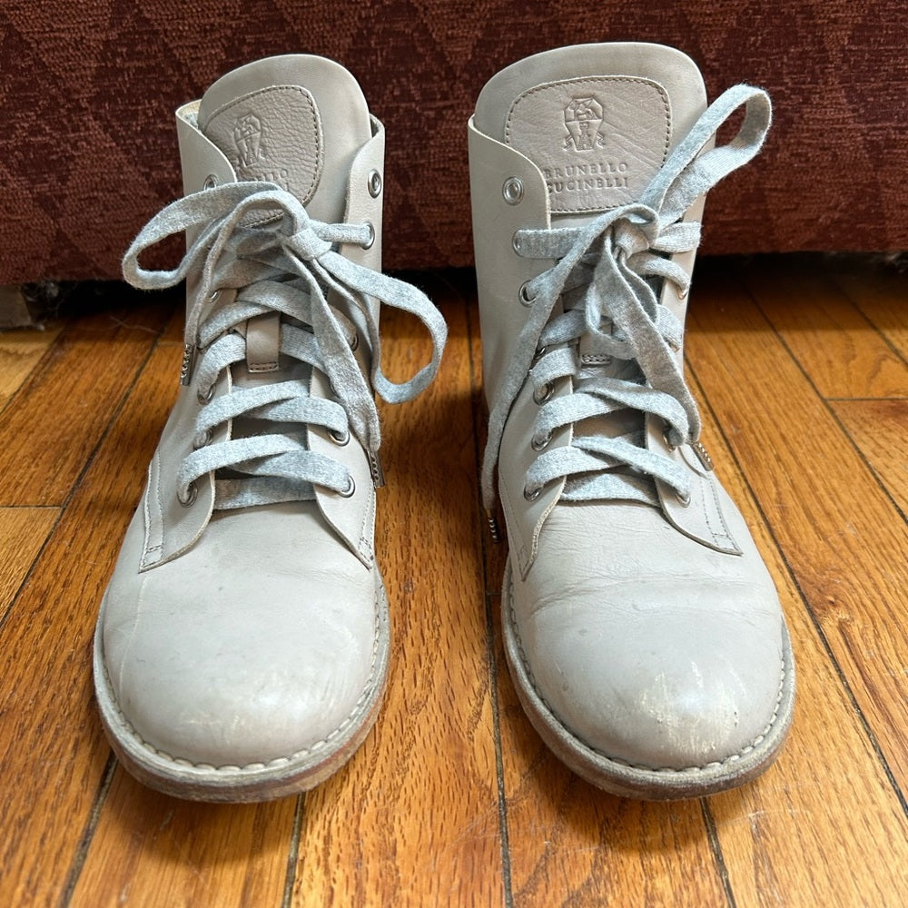 Brunello Cucinelli Grey Leather 7 hole Combat Boots, size 38.5