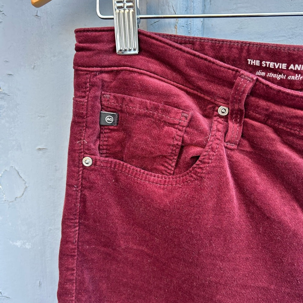 AG Merlot Velvet Stevie Slim Straight Pants, Size 30