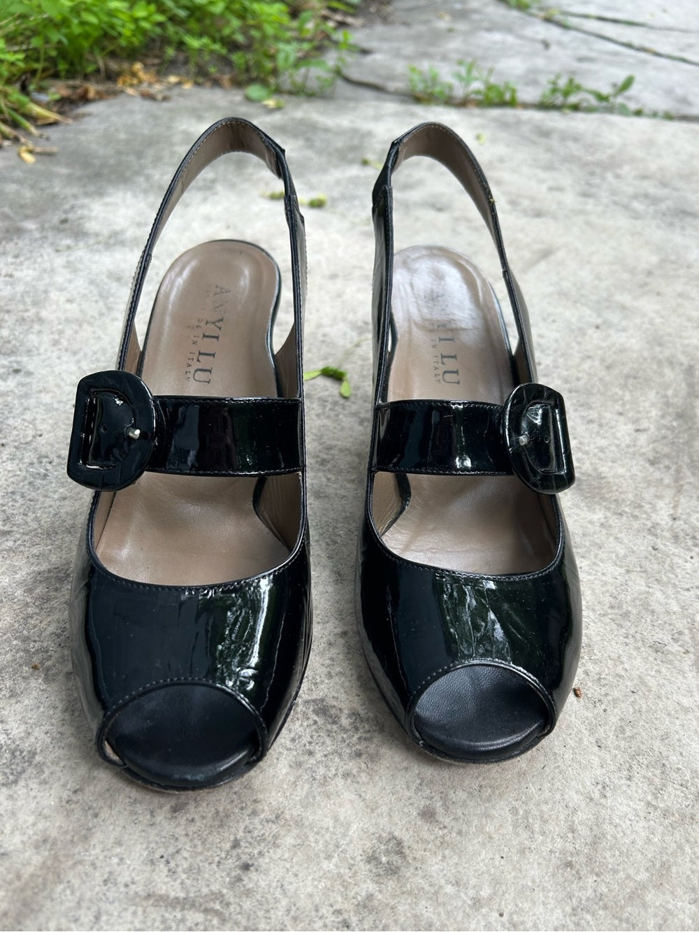 Anyi Lu Black Patent Leather Tulip Slingback Heels, size 39