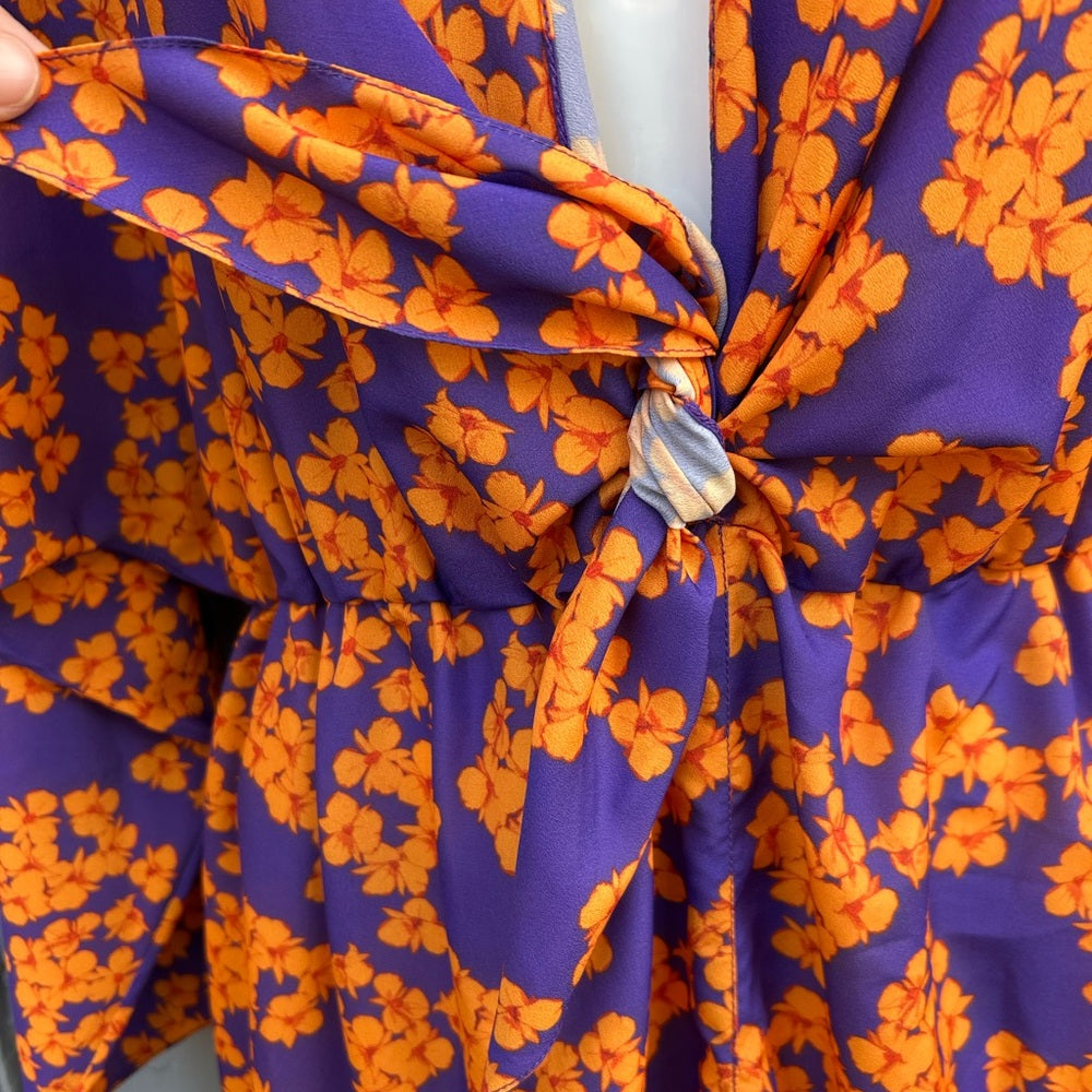 Borgo De Nora Elsa Tie Front Orange and Purple Floral Maxi Dress, size UK 10 (6)