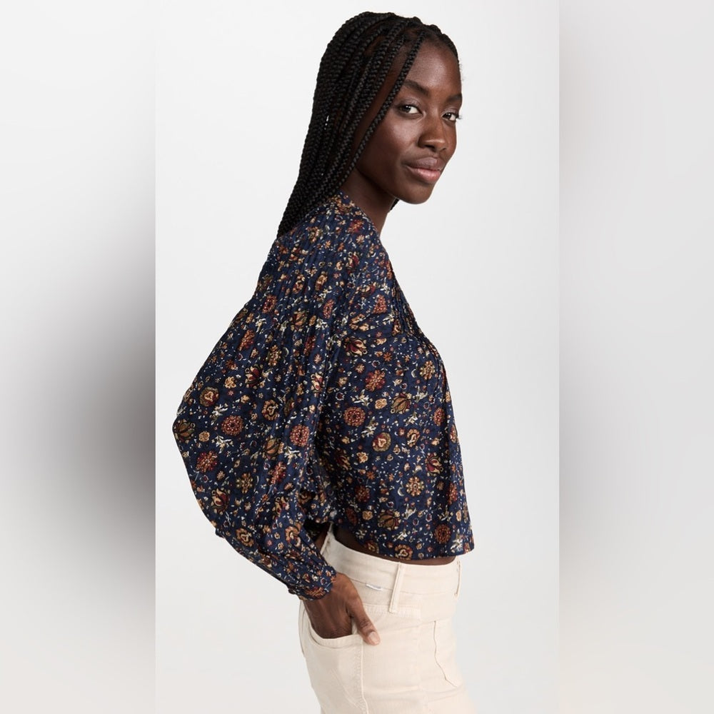 Veronica Beard Navy Floral Smocked Sherwood Blouse, Size 8