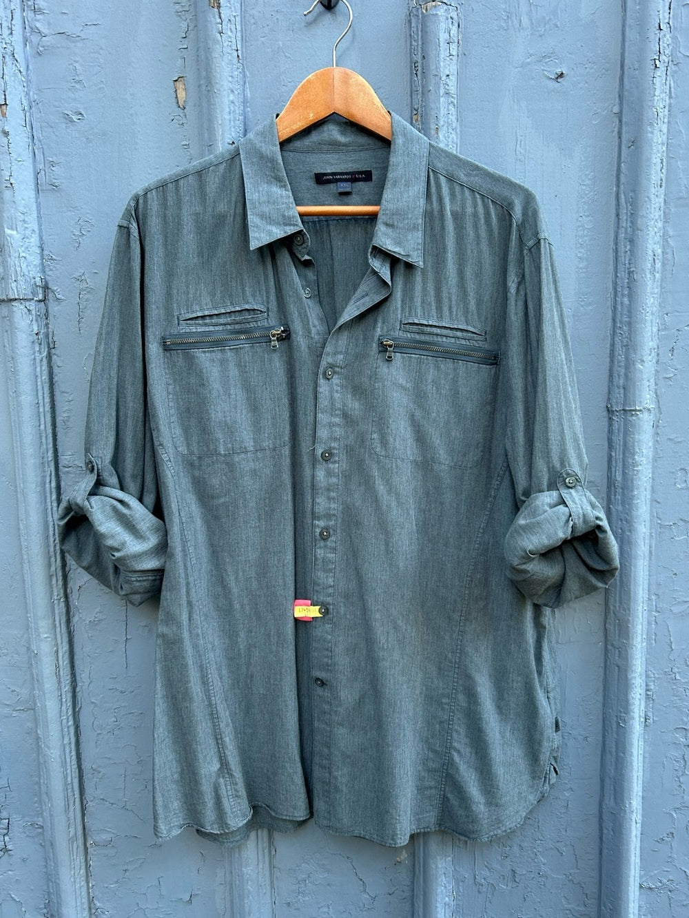 John Varvatos Blue Double Zip Chest Pocket Button-Down Shirt, size XXL