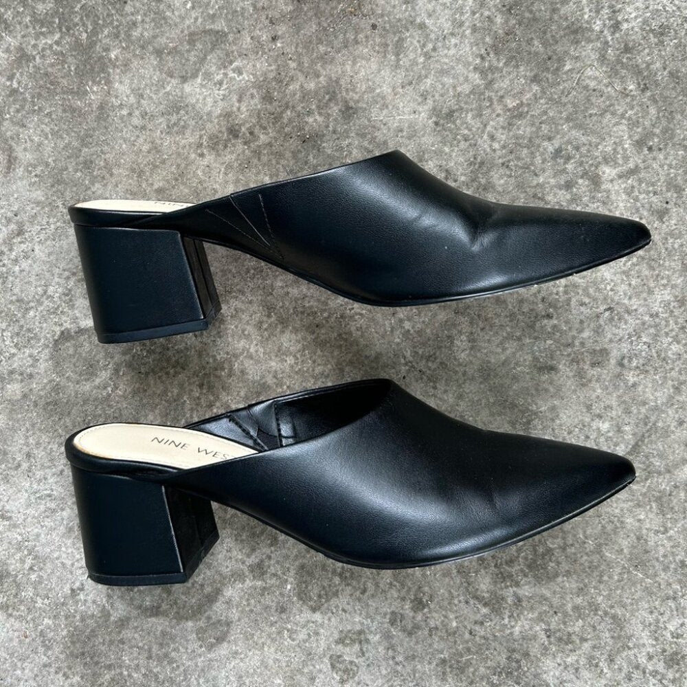 Nine West Black Leather Mule Block Heel, size 7.5