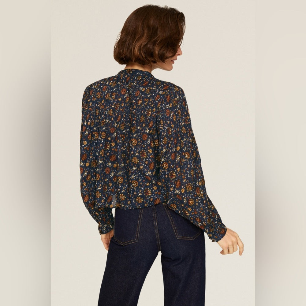 Veronica Beard Navy Floral Smocked Sherwood Blouse, Size 8