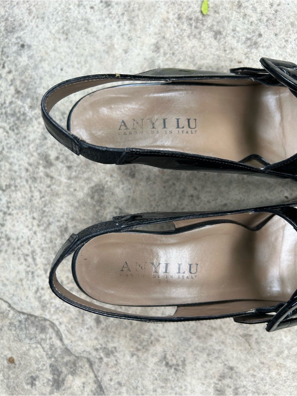 Anyi Lu Black Patent Leather Tulip Slingback Heels, size 39