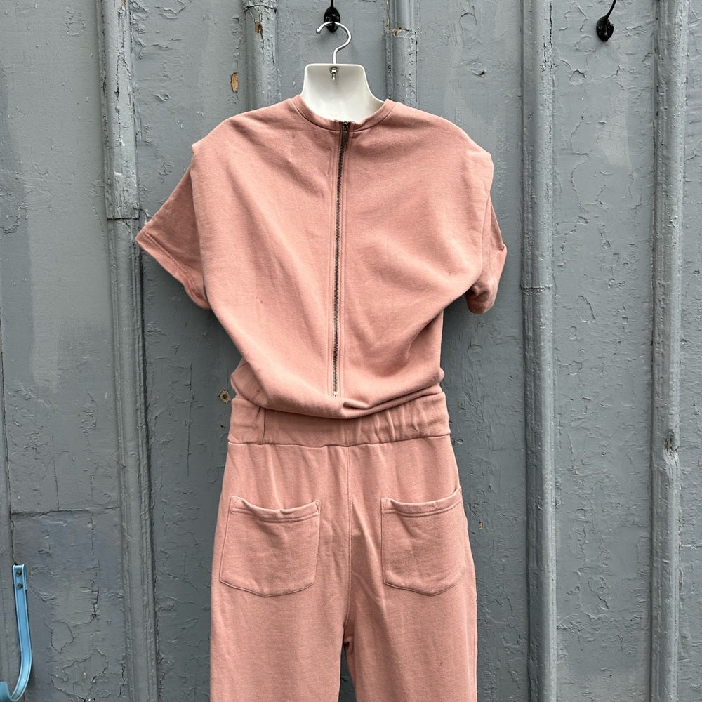 Pistola Clarisse French Terry Shoulder Pleat Jumpsuit in Cameo Pink, size XS