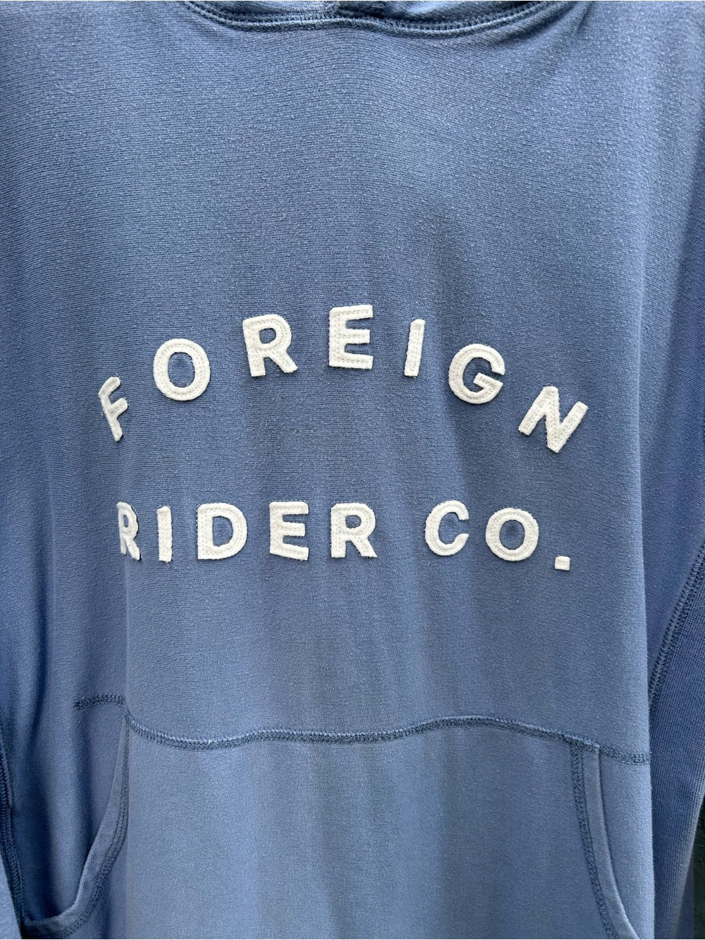 Foreign Rider Co Blue logo hoodie, size “4” (Large)