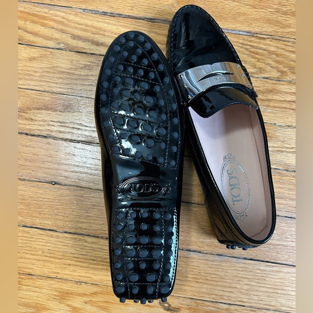 TOD’S Gommino black patent leather loafers, BNWOB, size 37.5