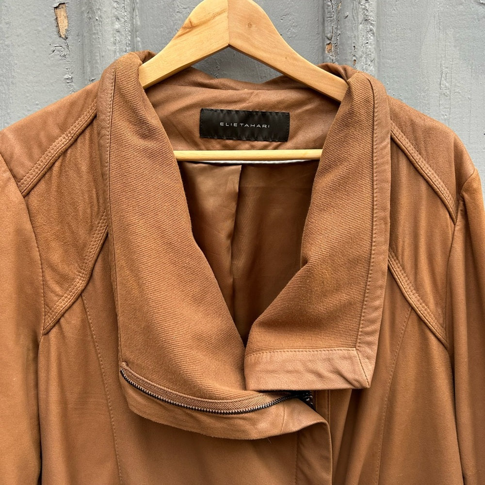 Elie Tahari Brown Andreas Lamb Leather Moto Jacket, size XL